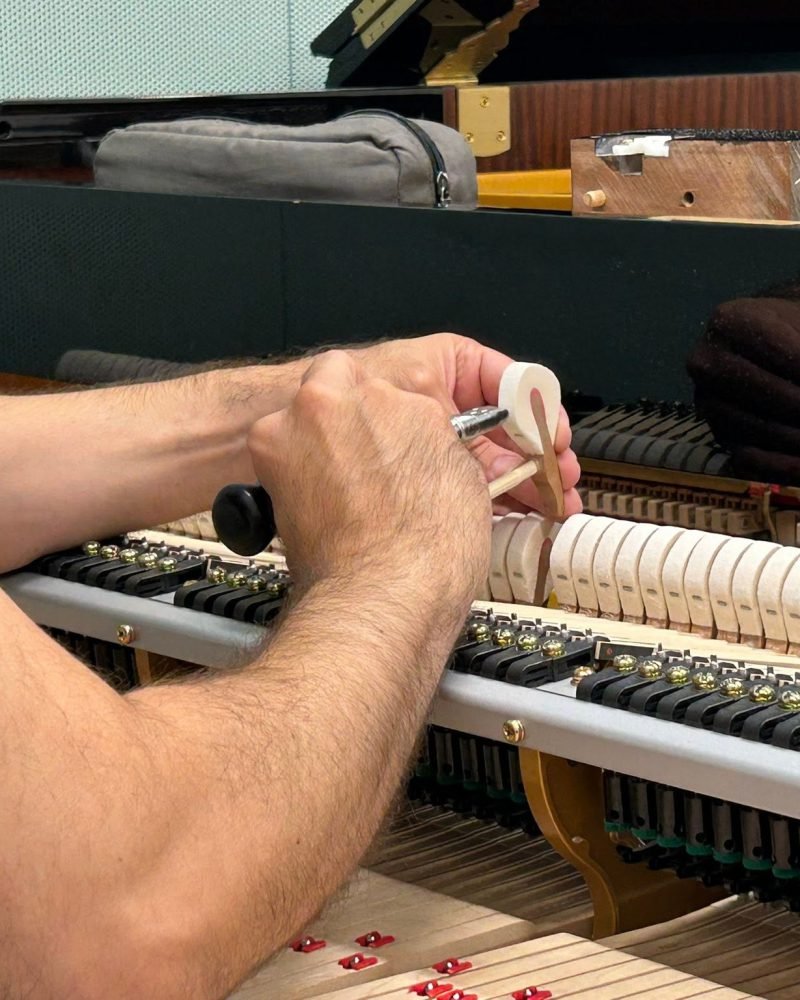 Close-up of a technician's hands voicing a piano hammer with a needle tool, the row of felt hammers in the foreground