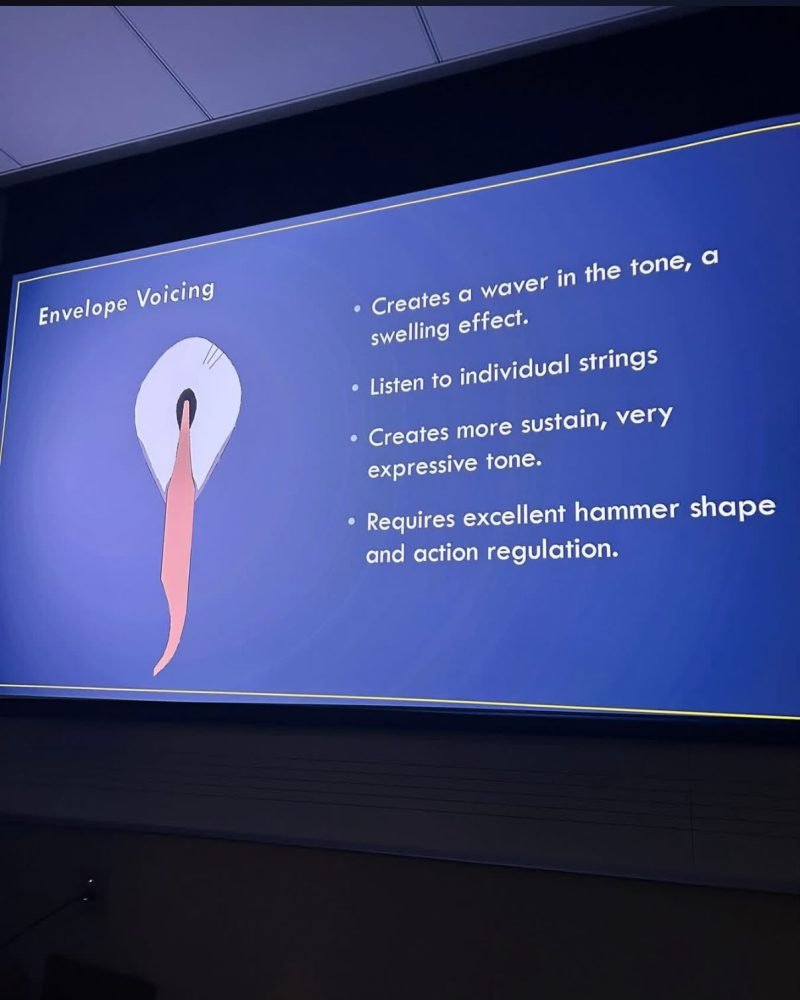 Projected slide from a voicing seminar explaining envelope voicing of piano hammers